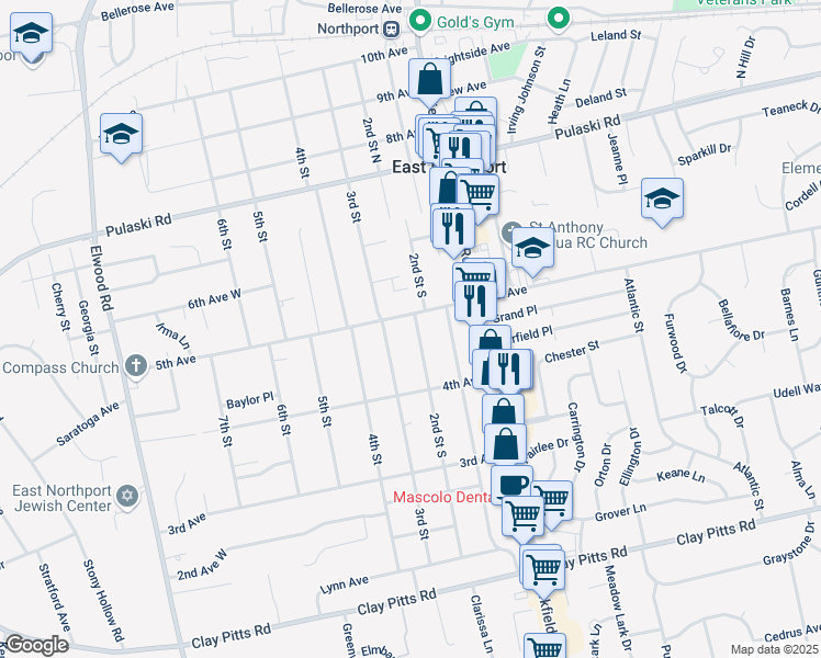 map of restaurants, bars, coffee shops, grocery stores, and more near 427 2nd St in East Northport