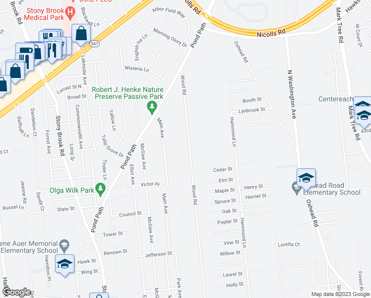 map of restaurants, bars, coffee shops, grocery stores, and more near 156 Wood Road in Centereach