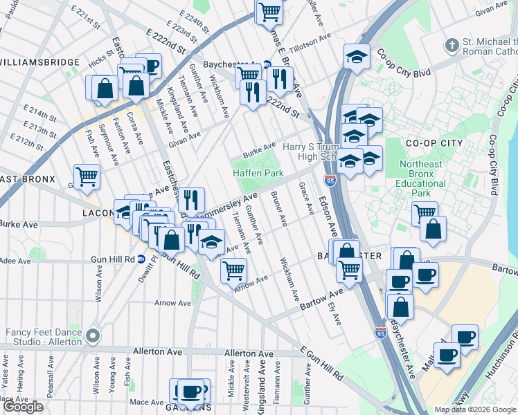 map of restaurants, bars, coffee shops, grocery stores, and more near 3041 Wickham Avenue in Bronx