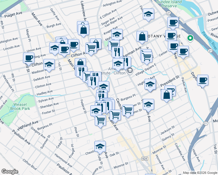 map of restaurants, bars, coffee shops, grocery stores, and more near 1 Central Ave in Clifton