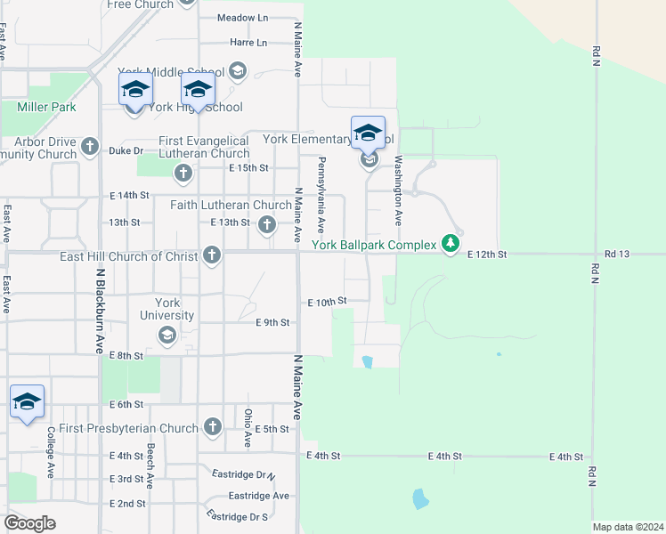 map of restaurants, bars, coffee shops, grocery stores, and more near 1810 East 12th Street in York