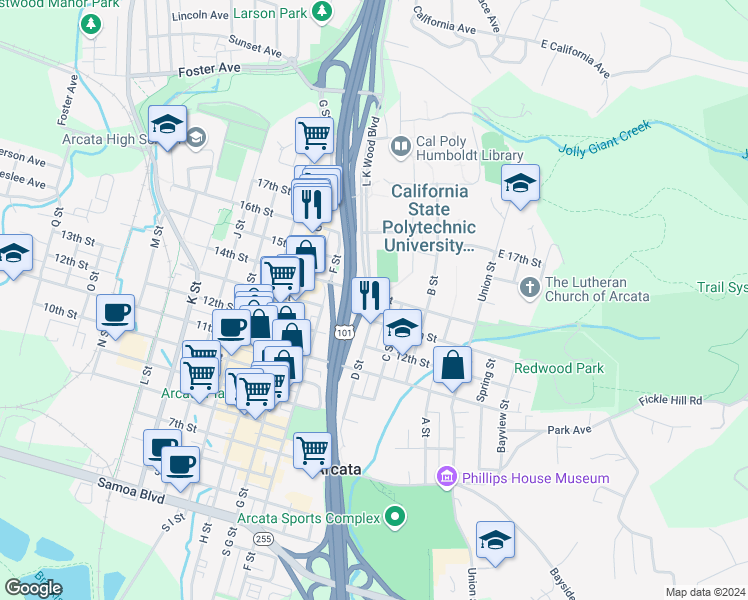 map of restaurants, bars, coffee shops, grocery stores, and more near 1822 D Street in Arcata