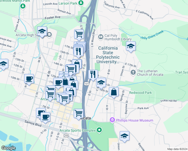 map of restaurants, bars, coffee shops, grocery stores, and more near 1822 G Street in Arcata