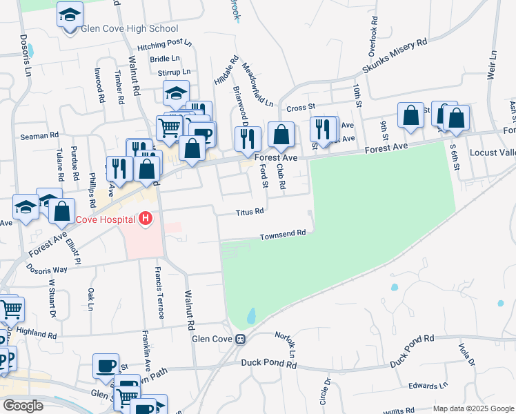 map of restaurants, bars, coffee shops, grocery stores, and more near 29 Titus Road in Glen Cove