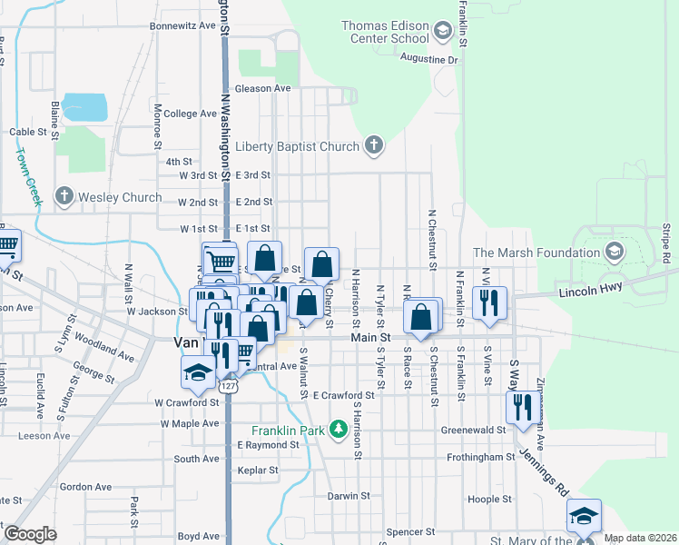 map of restaurants, bars, coffee shops, grocery stores, and more near 412 East Sycamore Street in Van Wert