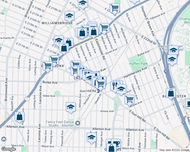 map of restaurants, bars, coffee shops, grocery stores, and more near 3152 Seymour Avenue in Bronx