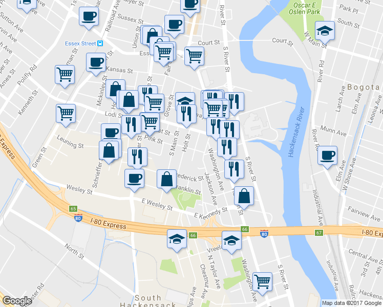 map of restaurants, bars, coffee shops, grocery stores, and more near 167 Bonhomme Street in Hackensack