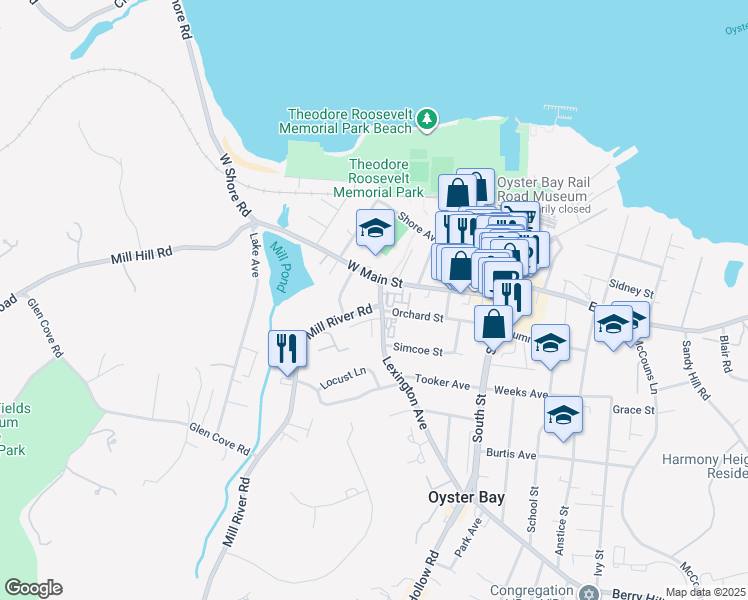 map of restaurants, bars, coffee shops, grocery stores, and more near 50 Lexington Avenue in Oyster Bay