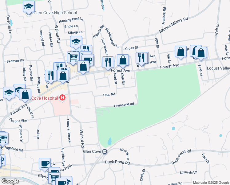 map of restaurants, bars, coffee shops, grocery stores, and more near 33 Titus Road in Glen Cove