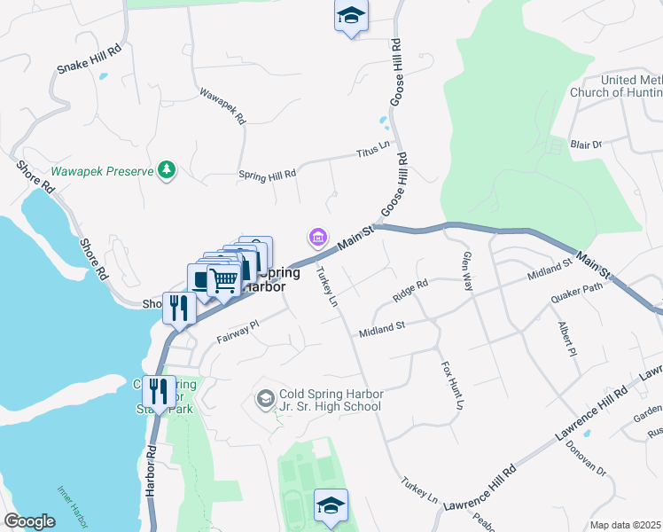 map of restaurants, bars, coffee shops, grocery stores, and more near 246 Main St in Cold Spring Harbor
