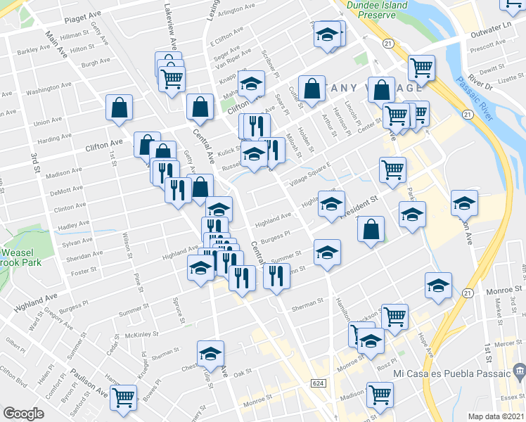 map of restaurants, bars, coffee shops, grocery stores, and more near 37 Yereance Avenue in Clifton