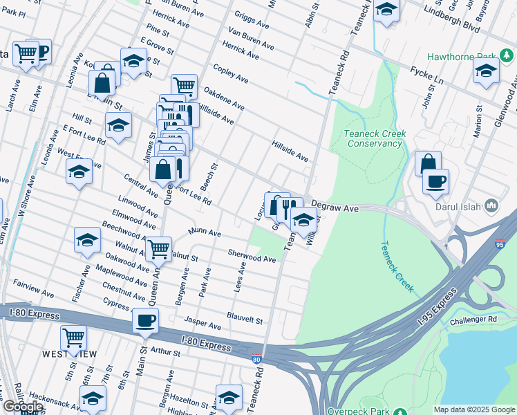 map of restaurants, bars, coffee shops, grocery stores, and more near 294 Locust Street in Teaneck