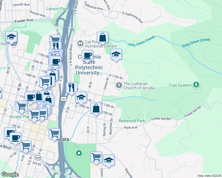 map of restaurants, bars, coffee shops, grocery stores, and more near 86 East 15th Street in Arcata