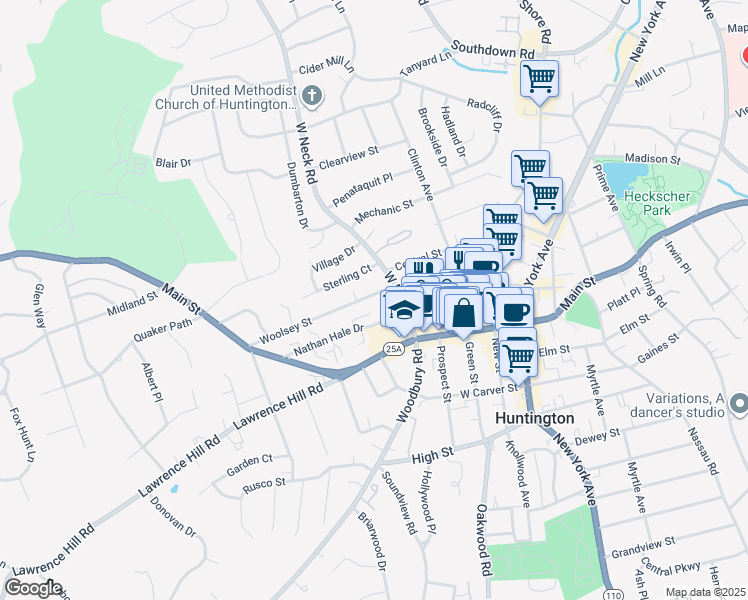 map of restaurants, bars, coffee shops, grocery stores, and more near 12 Woolsey Street in Huntington