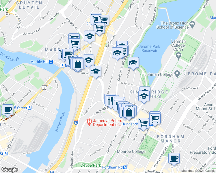 map of restaurants, bars, coffee shops, grocery stores, and more near 2737 Kingsbridge Terrace in The Bronx