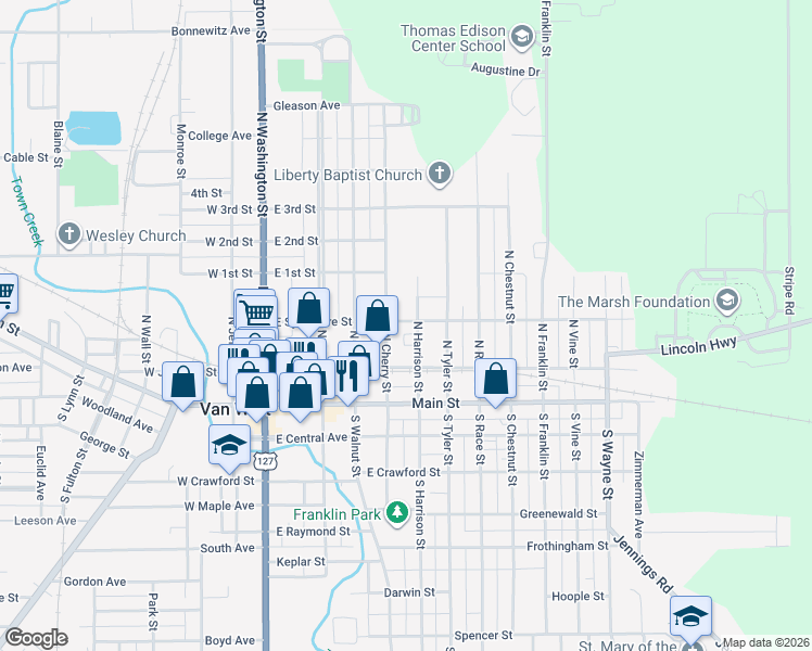 map of restaurants, bars, coffee shops, grocery stores, and more near 412 East Sycamore Street in Van Wert