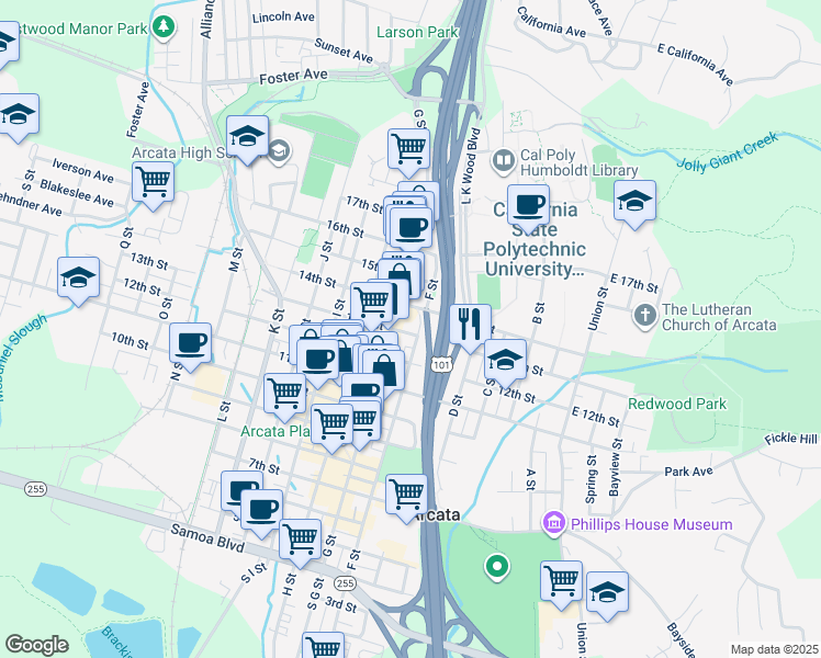 map of restaurants, bars, coffee shops, grocery stores, and more near 620 13th Street in Arcata