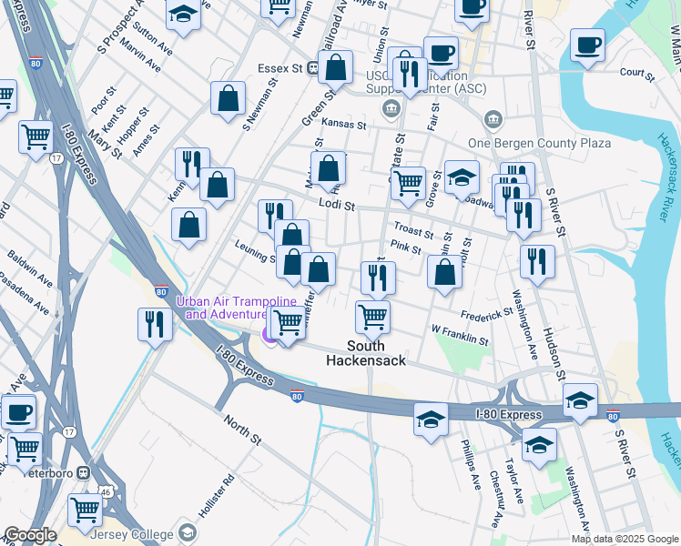 map of restaurants, bars, coffee shops, grocery stores, and more near 37 Leuning Street in South Hackensack