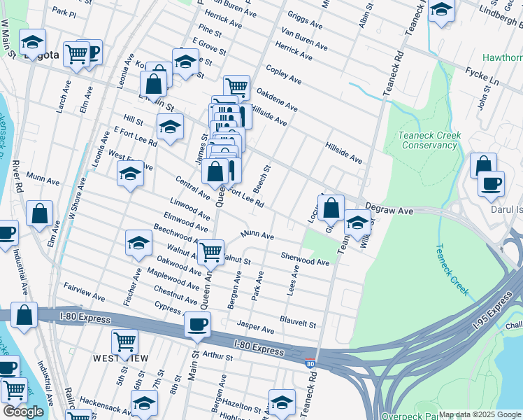 map of restaurants, bars, coffee shops, grocery stores, and more near 187 Fort Lee Road in Teaneck