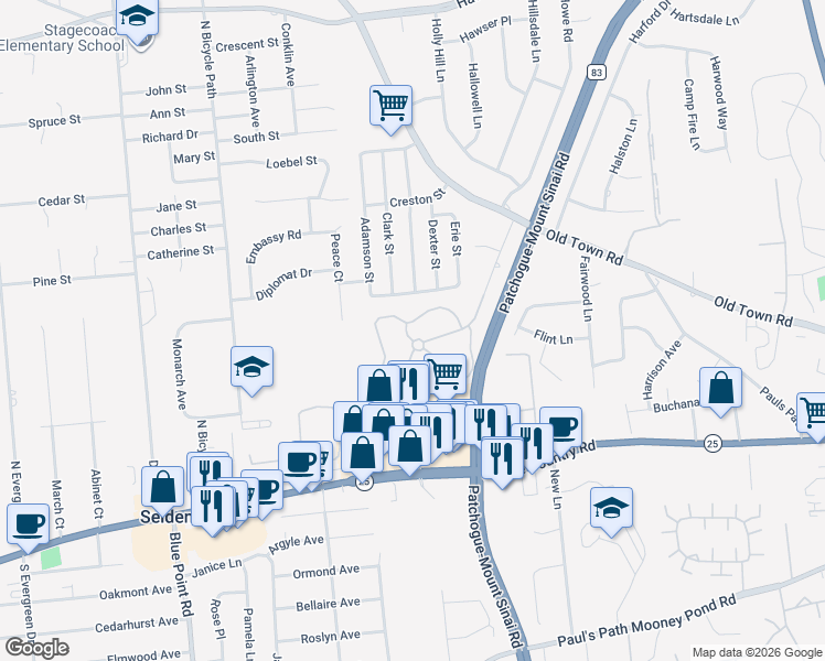 map of restaurants, bars, coffee shops, grocery stores, and more near 7 Flair Way in Coram