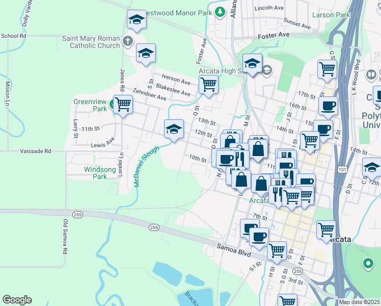 map of restaurants, bars, coffee shops, grocery stores, and more near 1604 10th Street in Arcata