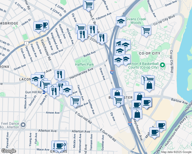 map of restaurants, bars, coffee shops, grocery stores, and more near 3016 Bruner Avenue in The Bronx