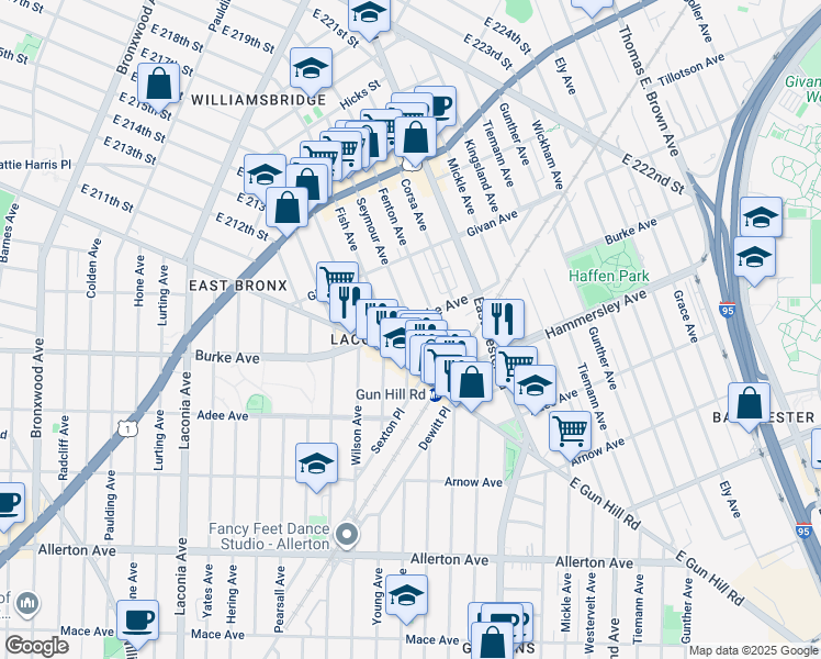 map of restaurants, bars, coffee shops, grocery stores, and more near 3152 Seymour Avenue in Bronx