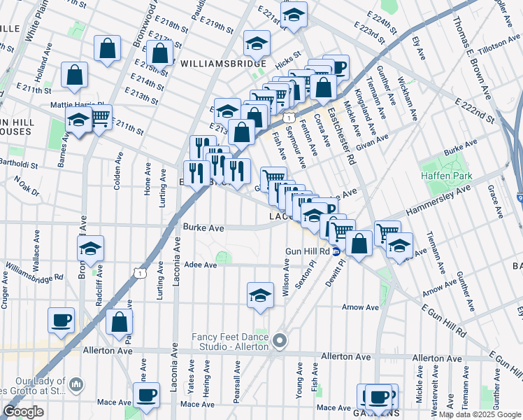 map of restaurants, bars, coffee shops, grocery stores, and more near in The Bronx