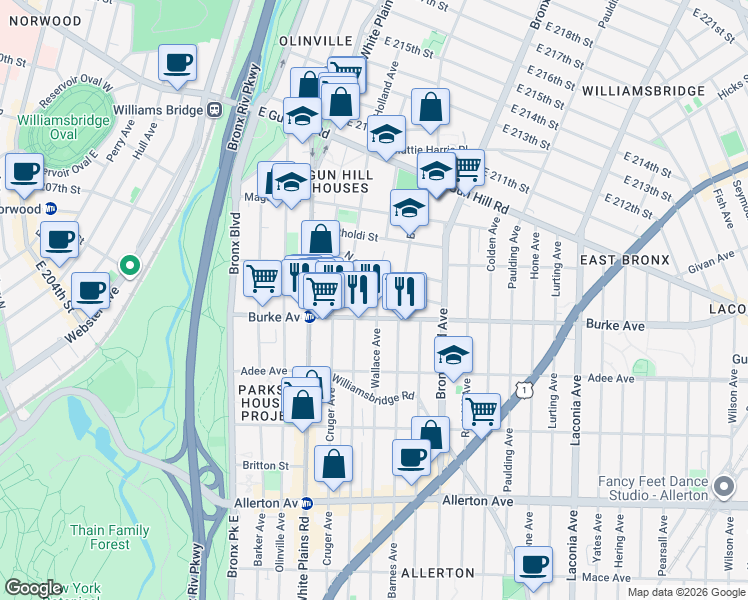 map of restaurants, bars, coffee shops, grocery stores, and more near 766 South Oak Drive in Bronx