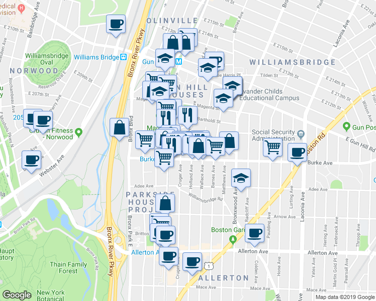 map of restaurants, bars, coffee shops, grocery stores, and more near 3214 Cruger Avenue in Bronx
