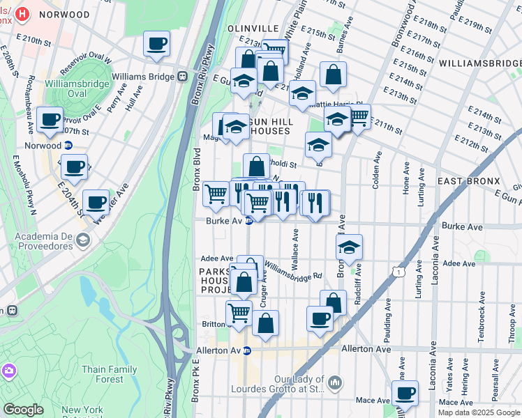 map of restaurants, bars, coffee shops, grocery stores, and more near 3214 Cruger Avenue in Bronx