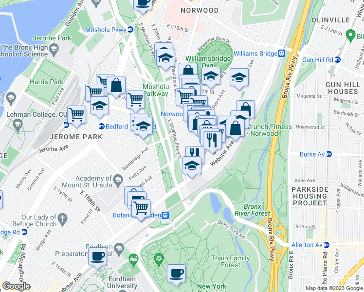 map of restaurants, bars, coffee shops, grocery stores, and more near 3061 Hull Avenue in Bronx