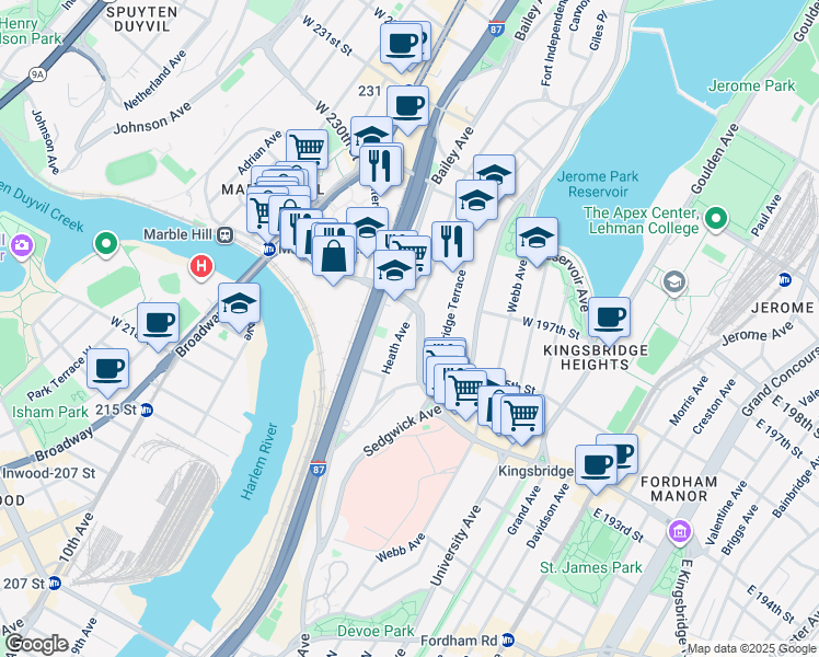 map of restaurants, bars, coffee shops, grocery stores, and more near 2724 Heath Avenue in Bronx