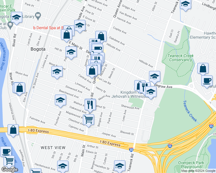 map of restaurants, bars, coffee shops, grocery stores, and more near 187 Fort Lee Road in Teaneck
