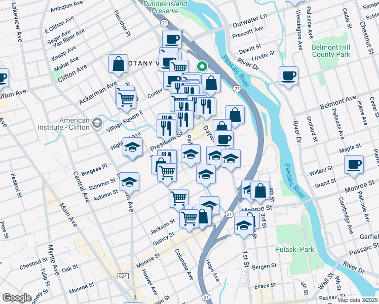 map of restaurants, bars, coffee shops, grocery stores, and more near in Passaic