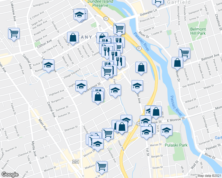 map of restaurants, bars, coffee shops, grocery stores, and more near in Passaic