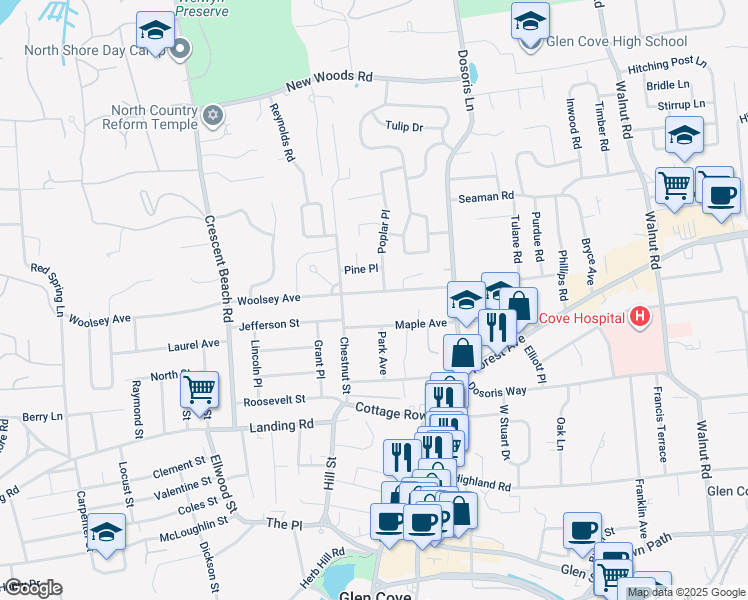 map of restaurants, bars, coffee shops, grocery stores, and more near 37 Woolsey Avenue in Glen Cove