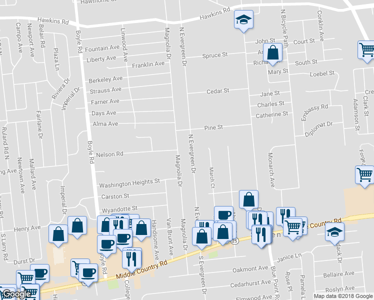 map of restaurants, bars, coffee shops, grocery stores, and more near 108 North Evergreen Drive in Selden