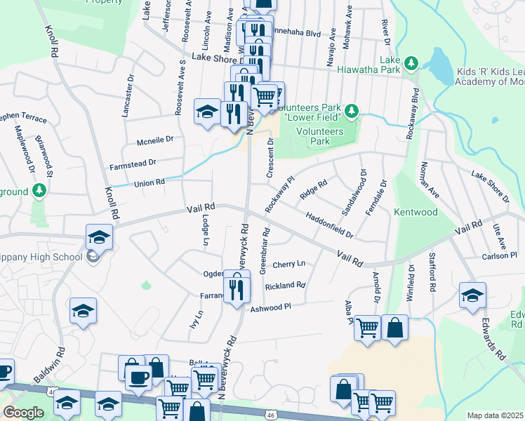 map of restaurants, bars, coffee shops, grocery stores, and more near 2 Rockaway Place in Parsippany-Troy Hills