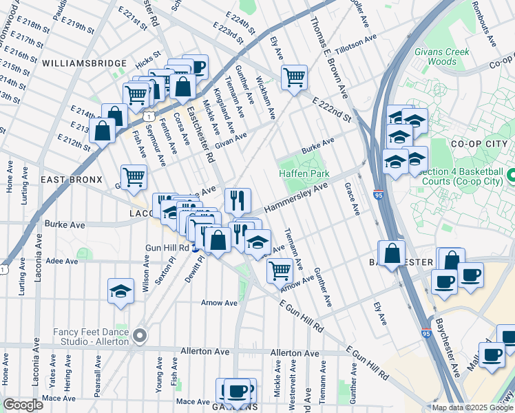 map of restaurants, bars, coffee shops, grocery stores, and more near 1611 Hammersley Avenue in Bronx