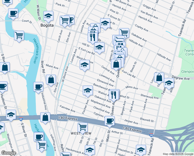 map of restaurants, bars, coffee shops, grocery stores, and more near 153 Elmwood Avenue in Bogota