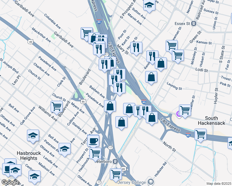 map of restaurants, bars, coffee shops, grocery stores, and more near 559 Terrace Avenue in Hasbrouck Heights