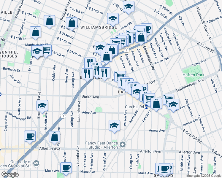 map of restaurants, bars, coffee shops, grocery stores, and more near 3229 Throop Avenue in The Bronx