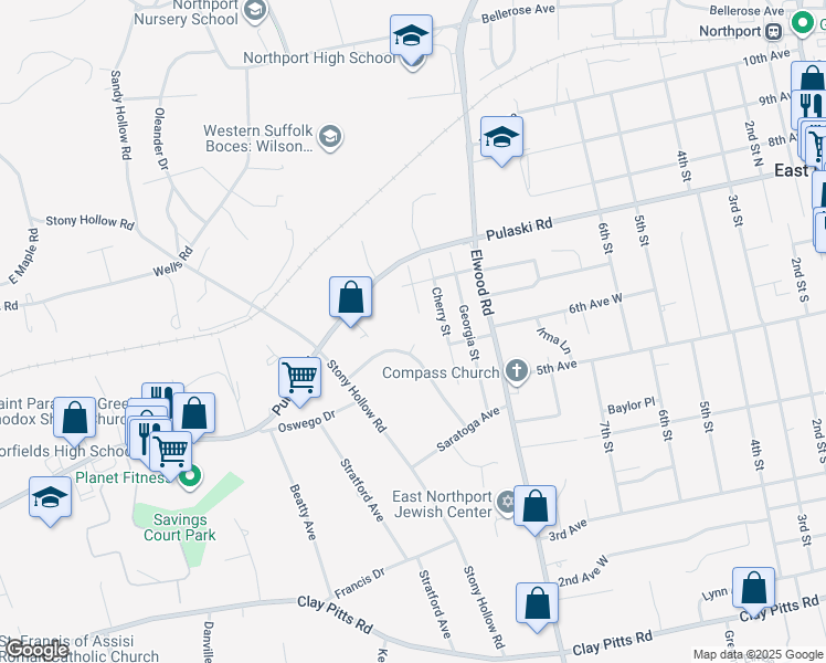 map of restaurants, bars, coffee shops, grocery stores, and more near 2 Patrician Court in East Northport