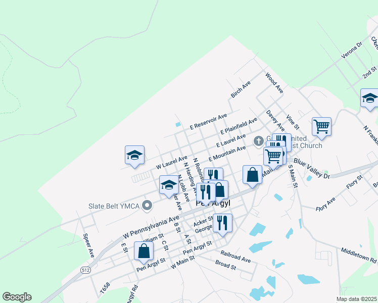 map of restaurants, bars, coffee shops, grocery stores, and more near 502 North Robinson Avenue in Pen Argyl