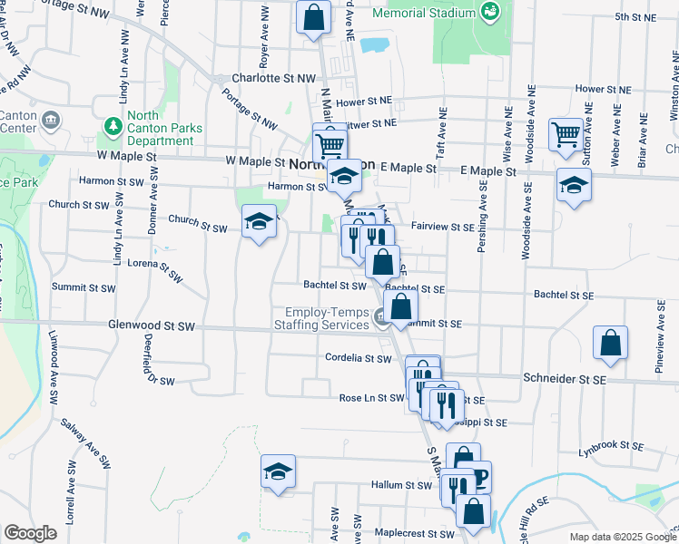 map of restaurants, bars, coffee shops, grocery stores, and more near 216 Pearl Place Southeast in North Canton