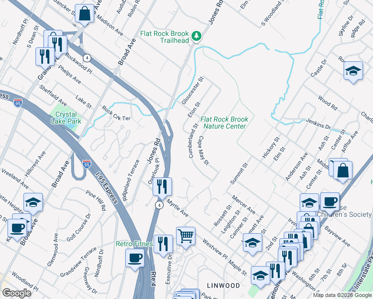 map of restaurants, bars, coffee shops, grocery stores, and more near 488 Cumberland Street in Englewood