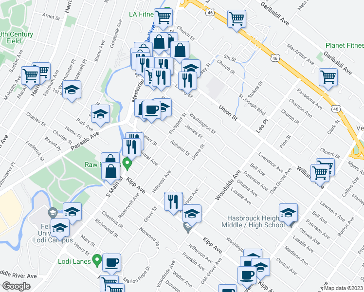 map of restaurants, bars, coffee shops, grocery stores, and more near 99 Autumn Street in Lodi