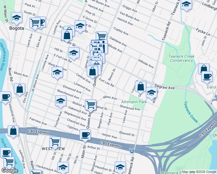 map of restaurants, bars, coffee shops, grocery stores, and more near 187 Fort Lee Road in Teaneck