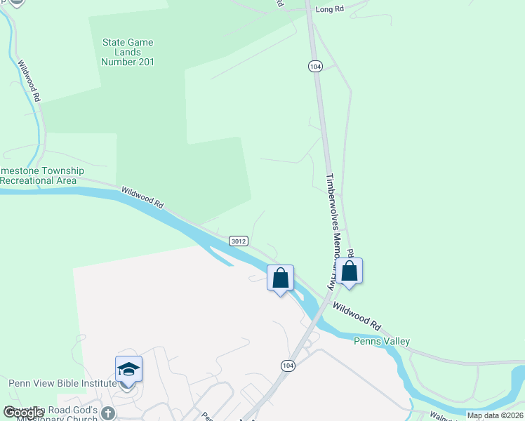 map of restaurants, bars, coffee shops, grocery stores, and more near 134 Wooded Lane in Mifflinburg